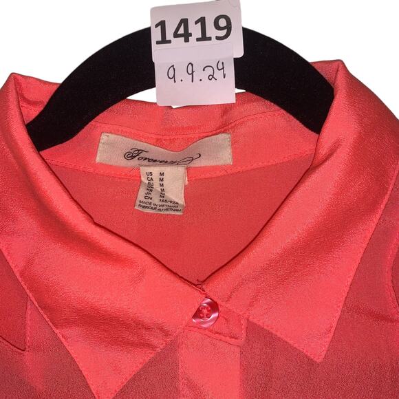 Collared long sleeve, cutouts, button-up shirt, Forever, M, neon pink and coral - Picture 2 of 3